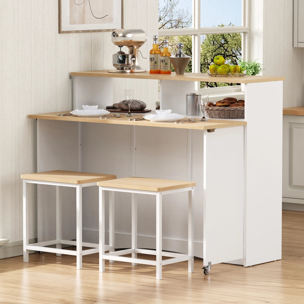 Isola da cucina con piano ribaltabile; ripiani regolabili; vani a giorno e 2 sgabelli; in MDF; 110 x 34-68 x 97;5 cm; bianco