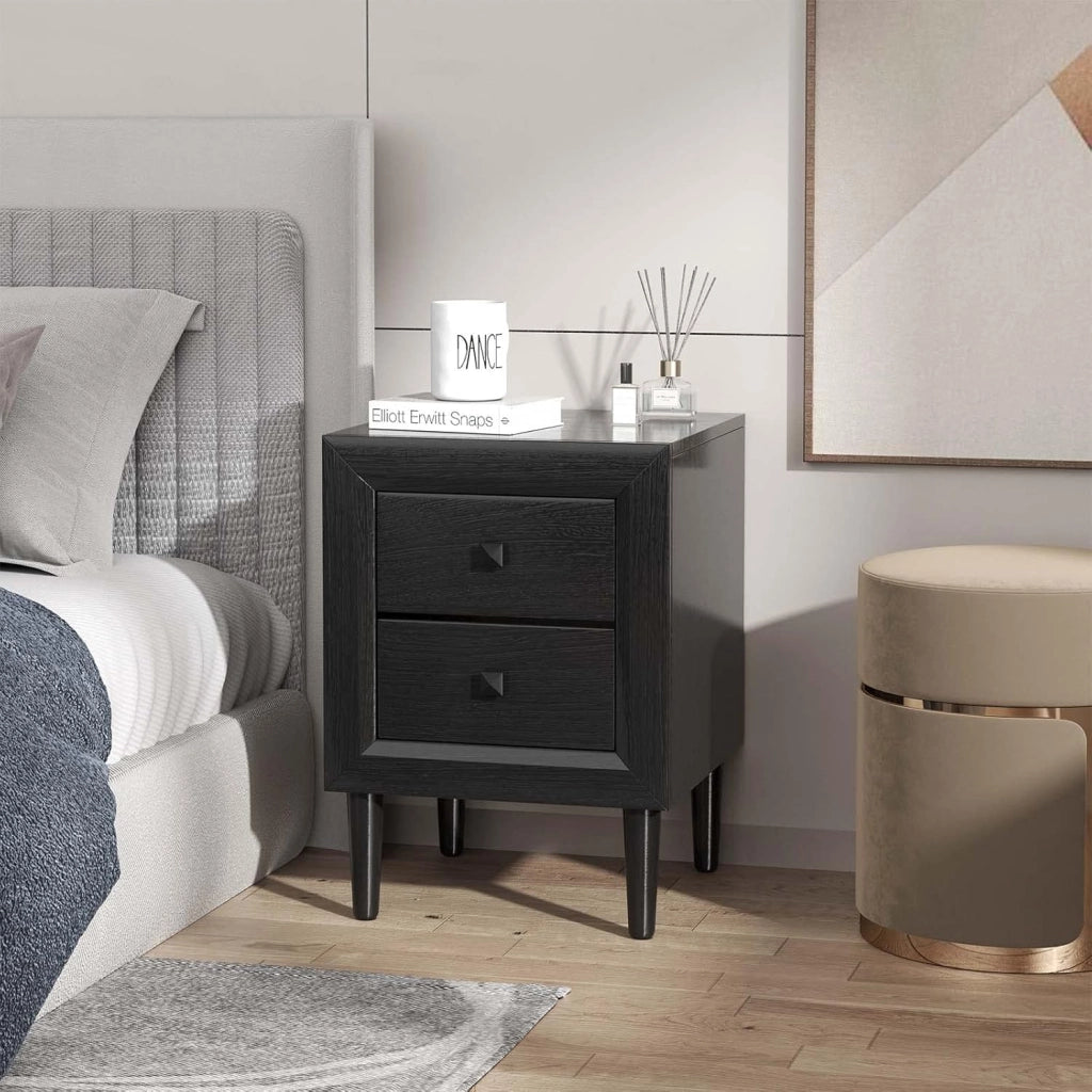 COSTWAY Comodino 40 x 39,5 x 55cm con 2 Cassetti, Tavolino Moderno da Salotto con Solide Gambe in Legno di Gomma, Mobile per Ufficio, Salone e Camera da Letto (2 x Nero)