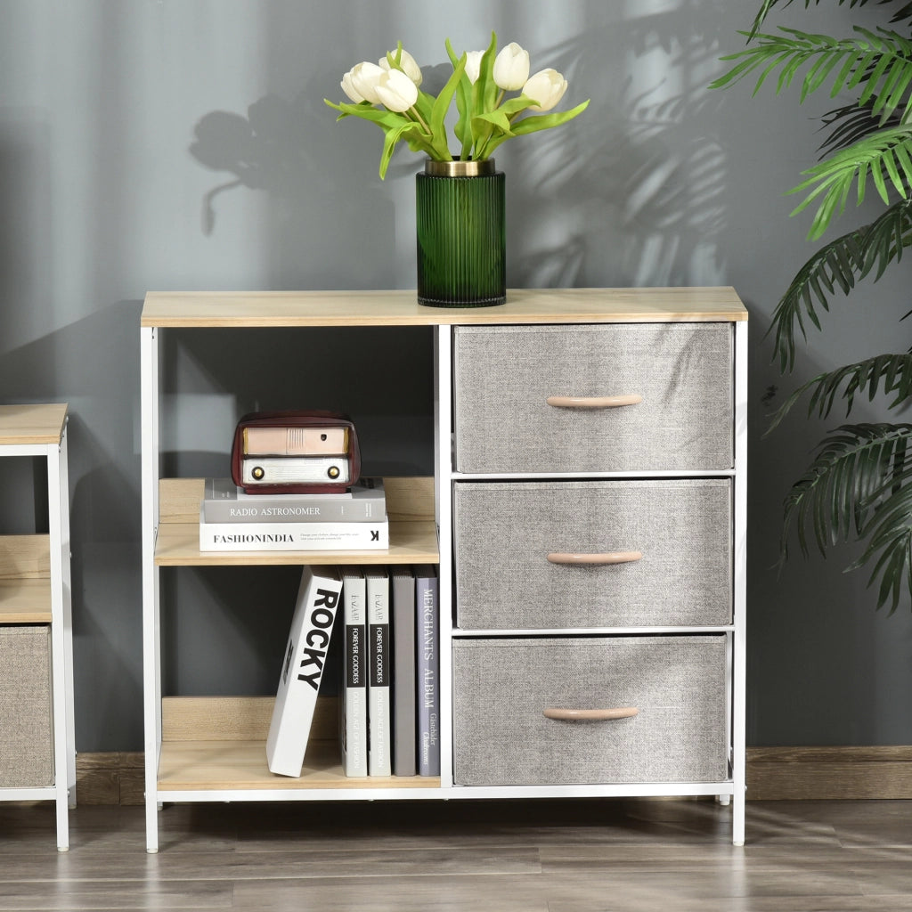 Cassettiera Tessuto con 3 Cassetti e 2 Ripiani Aperti ¨C Zephmum ¨C 80x29x71 cm Naturale Grigio
