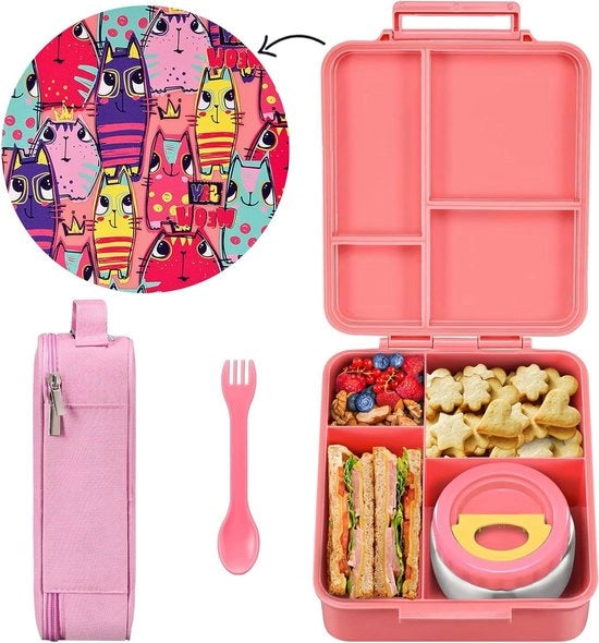 Bento Box per bambini - 4 contenitori - contenitore alimentare - piatto caldo e freddo - cucchiaio - pacchetto di pranzo - viaggio di lavoro scuola - famiglia di gatti divertente rosa