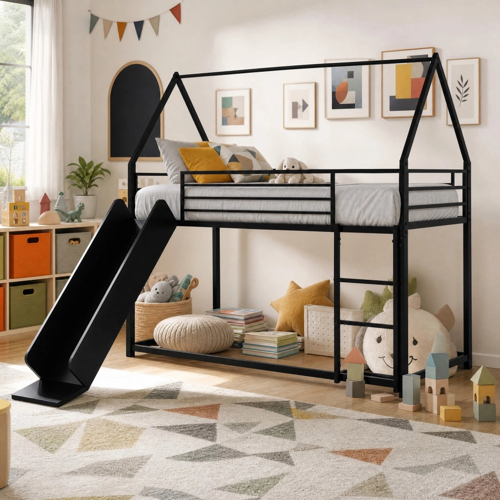 Letto a castello in metallo nero con scivolo