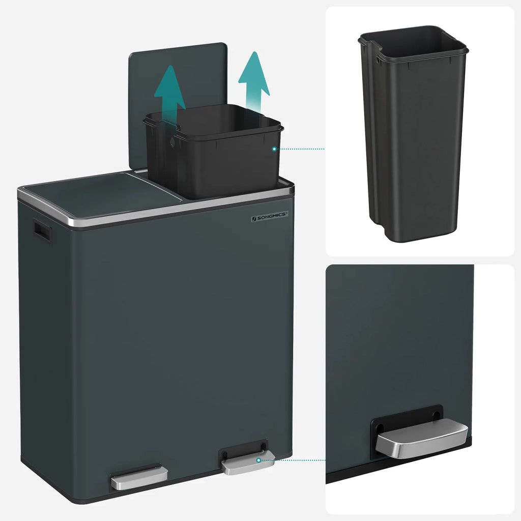 Pattumiera a 2 pedali con doppio scomparto 2 x 30 litri acciaio inox anti-impronta secchio interno in plastica con manico verde 12_0007157