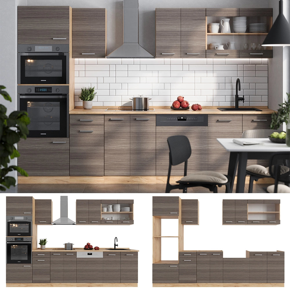 Vicco Cucina componibile Grigio nobile/rovere dorato 300 cm con armadio alto, PL Rovere