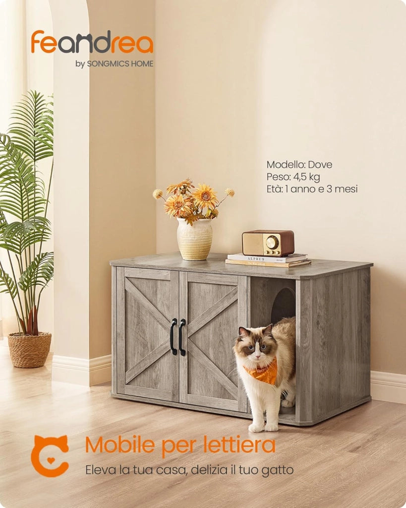 Feandrea Mobile per Lettiera, Mobile Moderno per Lettiera Nascosto, con Ingresso Frontale, Doppie Porte, Maniglie, Casetta per Gatti, Tavolino Laterale, 85 x 48,5 x 50 cm, Greige Melange PCL012G01