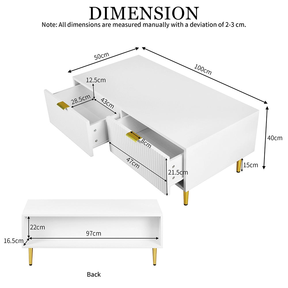 Tavolino moderno con finiture dorate - Xylo - 2 cassetti design strisce verticali 100x50x40cm