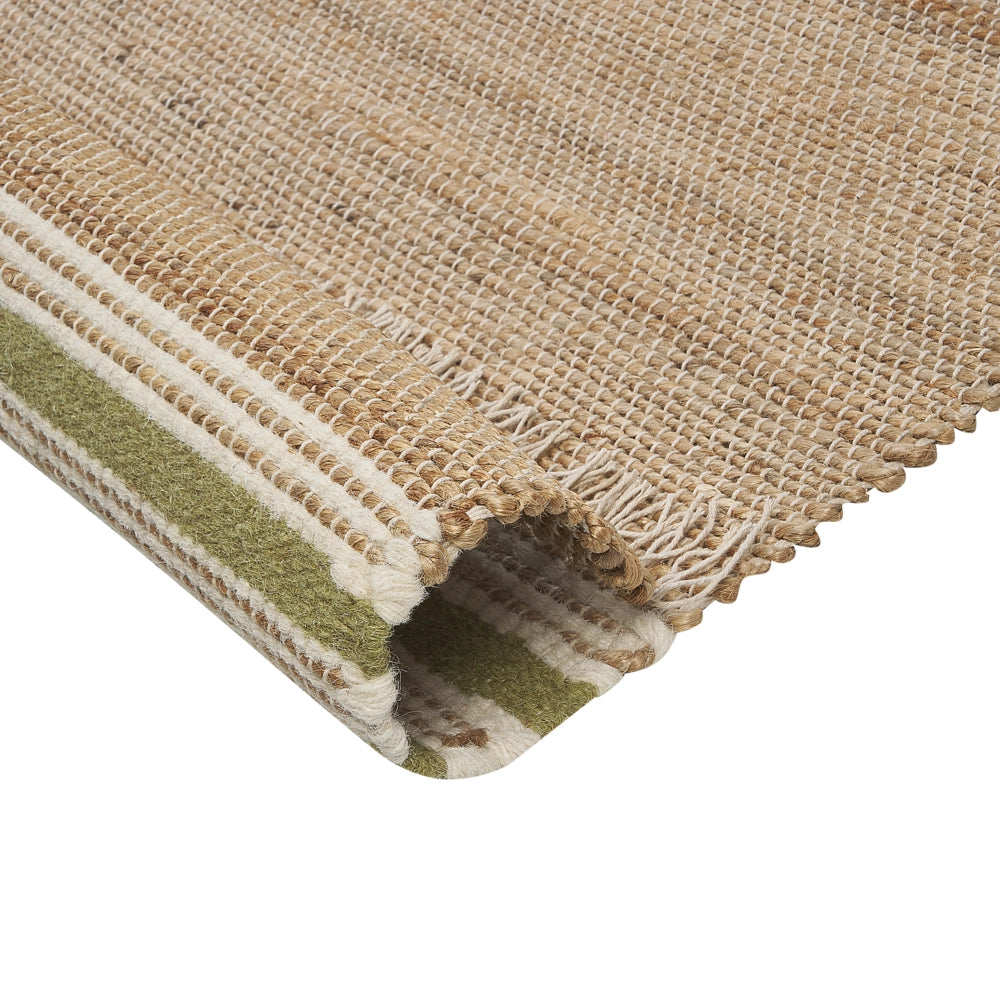 Tappeto in iuta con motivo a righe e nappe beige e verde 80 x 150 cm soggiorno camera da letto ingresso
