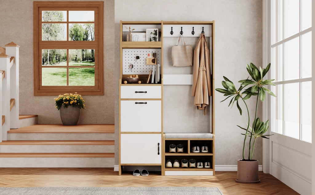 Mobile da ingresso con scarpiera, panca e vani aperti, 1 cassetto, in truciolato bianco e rovere 108.5 × 35 × 180 cm