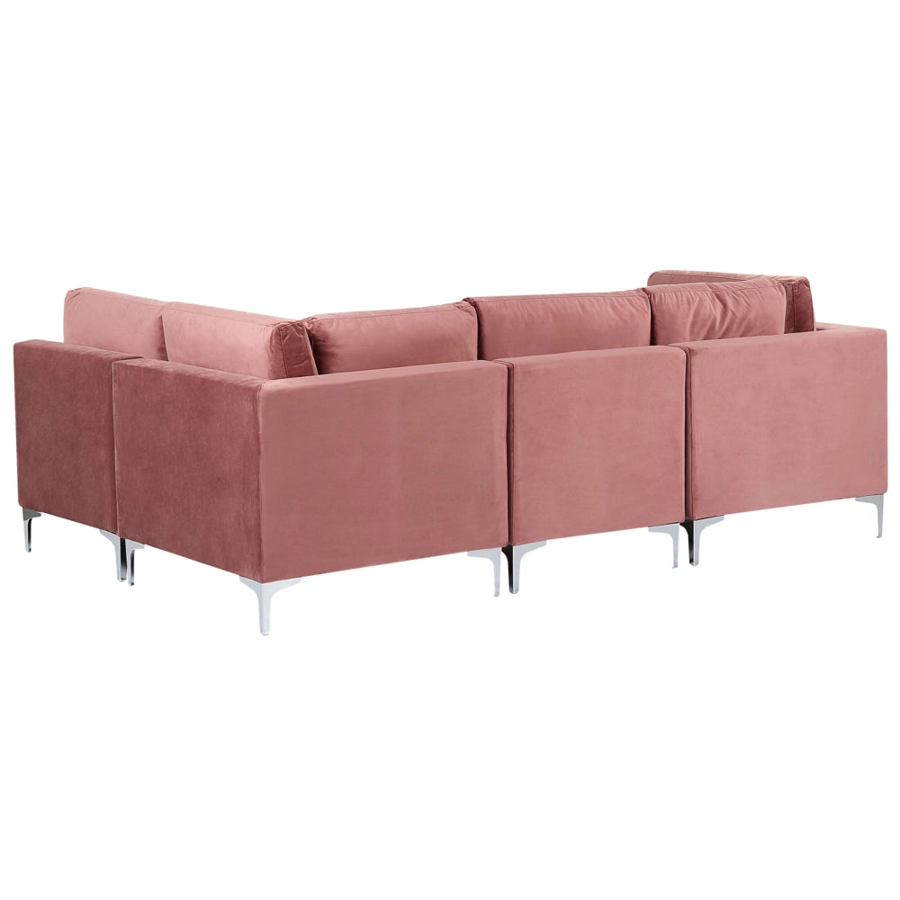 Divano ad angolo componibile versione sinistra a 4 posti in velluto rosa con gambe in metallo argento stile glamour