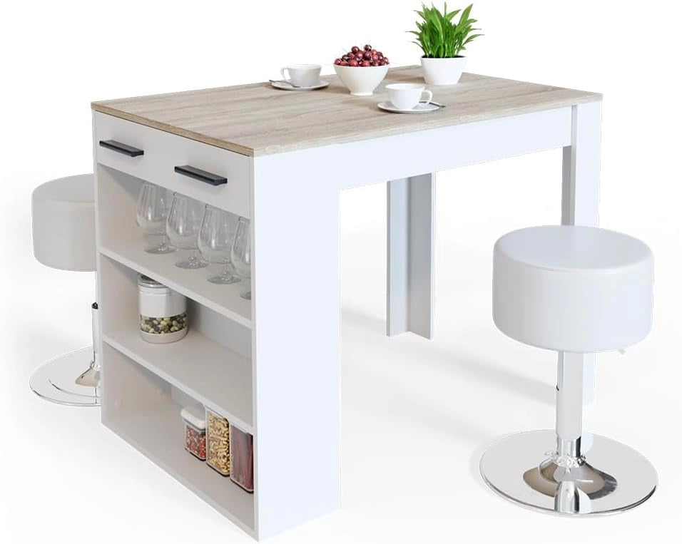 Set tavolo da pranzo Repose, Sonoma/Bianco, 67 x 100 cm con 2 sgabelli, adatto come piano di lavoro o area di appoggio aggiuntiva