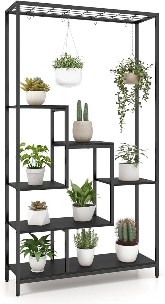 Scaffale Porta Piante a 6 Livelli, Scaffale per Fiori in Metallo da Interno con 10 Ganci e Ripiani per Piante, Porta Vasi da Balcone e Soggiorno, Nero (Nero)