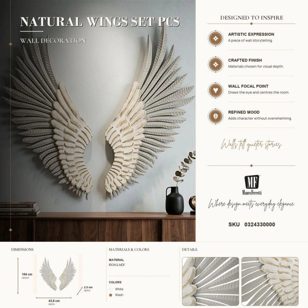 Pannello da parete Ali Natural coppia di ali in ferro e MDF bianco