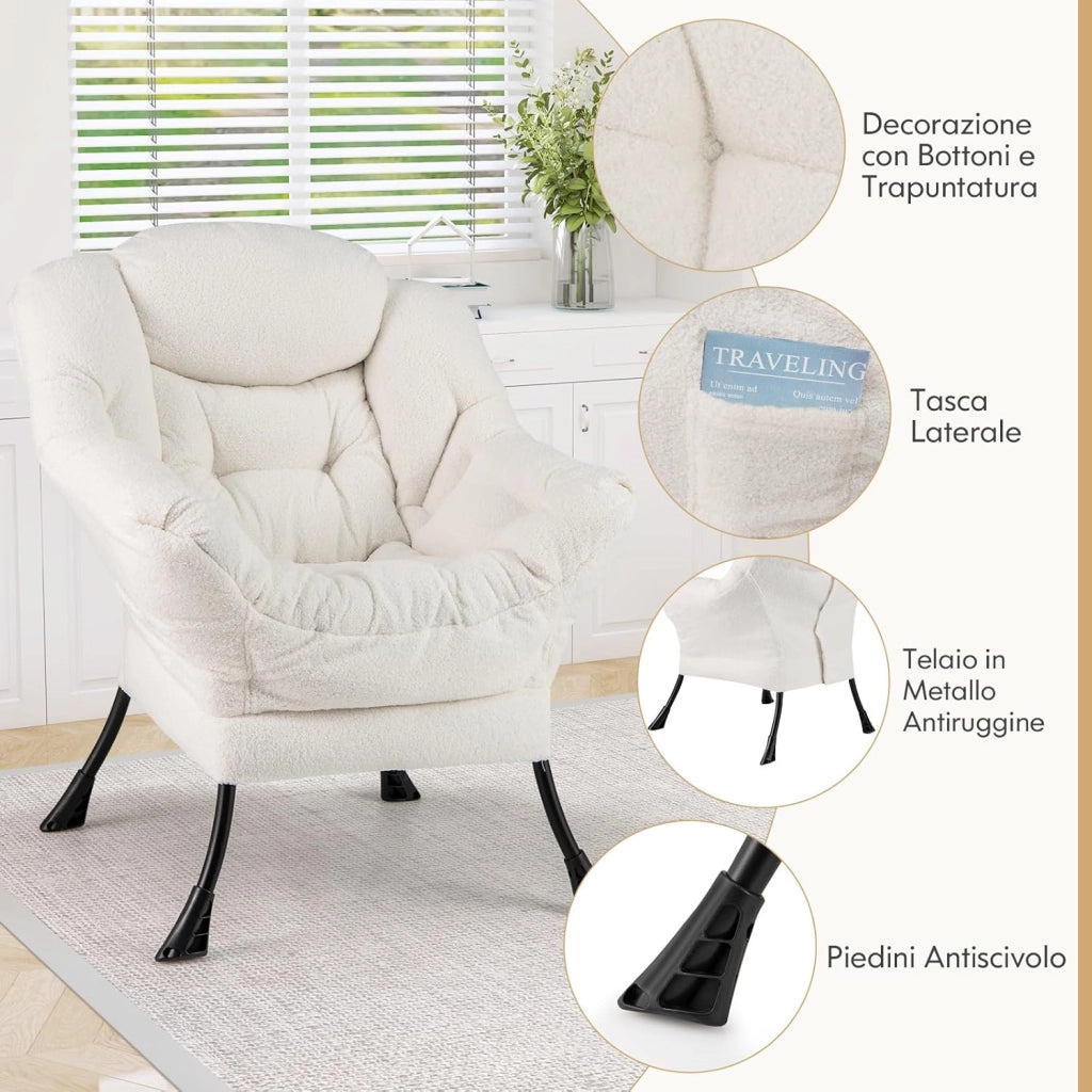 Poltrona Relax, Poltrona da Lettura con Cuscino, Elegante con Schienale e Seduta Imbottiti, Braccioli e Tasca di Stoccaggio, Portata 150 kg (Senza Pouf, Cashmere Beige)