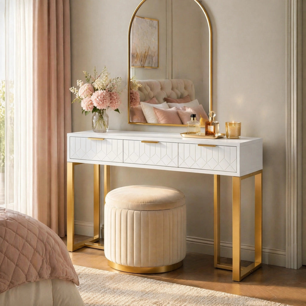 TAVOLO CONSOLLE con cassetti, bianco e oro, MDF