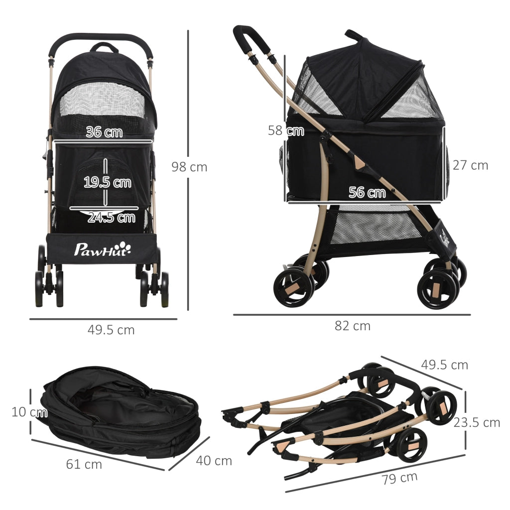 EasyComfort Passeggino per Cani Pieghevole con Trasportino Rimovibile e Tettuccio, 82x49.5x98cm, Nero