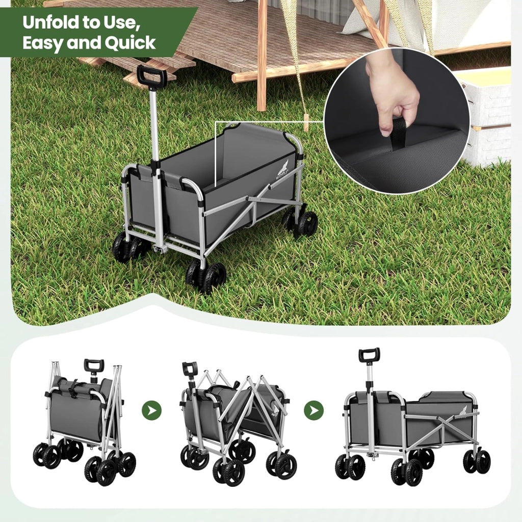 Carrello con Ruote, Carrello Pieghevole con 4 Ruote Doppie, per Spiaggia, Giardino, Campeggio, Viaggio, Oxford+Metallo, Grigio Scuro