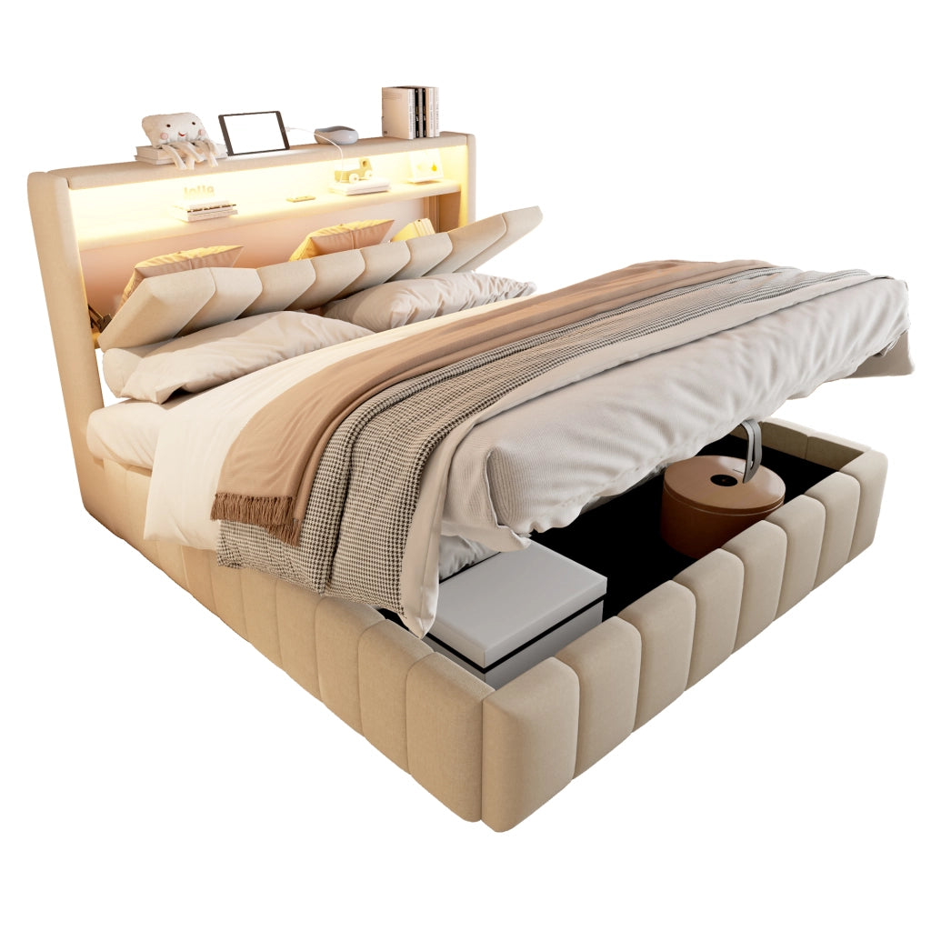 Letto imbottito 140x200 cm con contenitore; LED e porte USB in tessuto beige