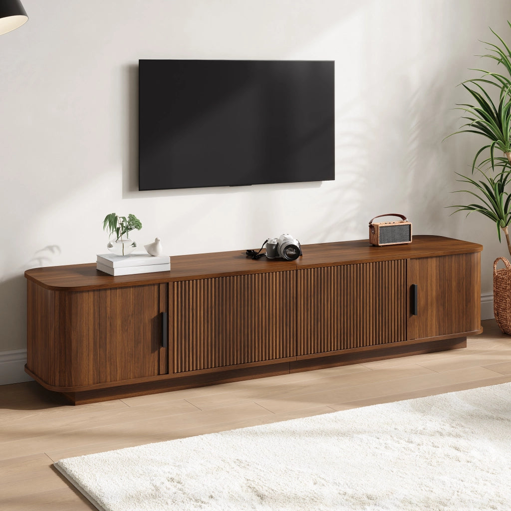 Mobile porta TV con LED, 2 cassetti e 2 ante scorrevoli, per soggiorno, in MDF e truciolare, noce, 180 × 40 × 40 cm