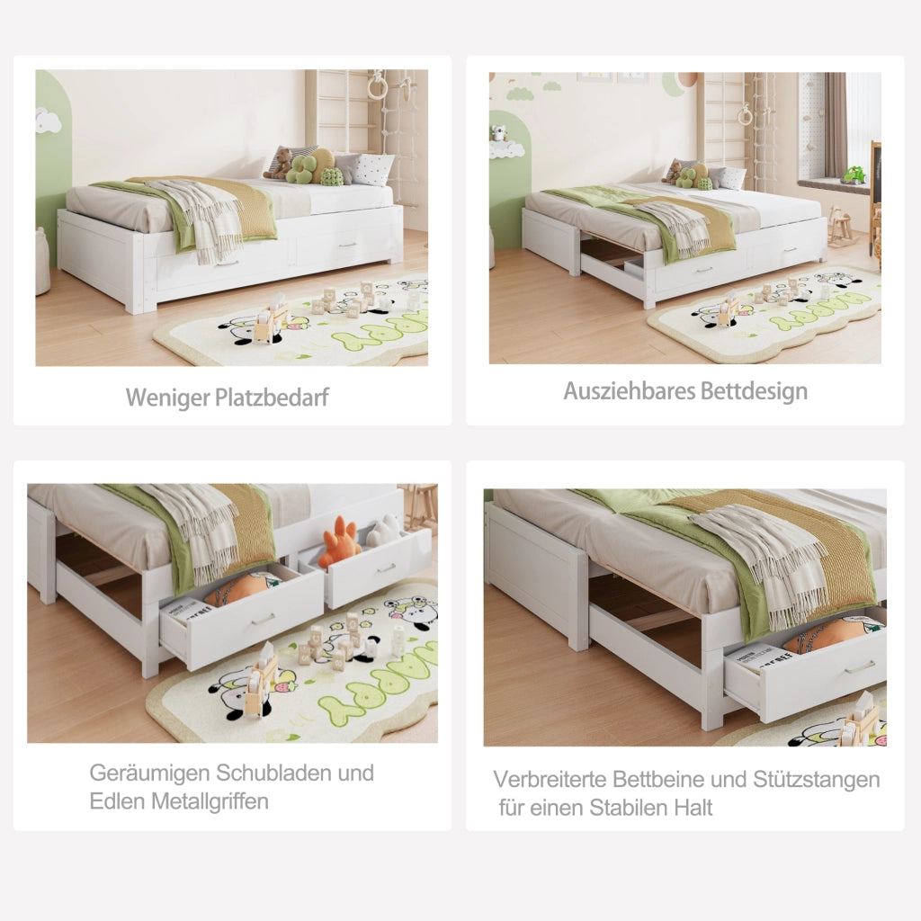 Letto estraibile 90 × 190 cm et 180 × 190 cm con 2 cassetti, senza materasso, in legno, bianco