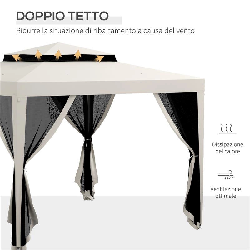 GAZEBO DA GIARDINO 3X3 M CON ZANZARIERA DOPPIO TETTO E 8 FORI IN ACCIAIO E POLIESTERE BIANCO CREMA
