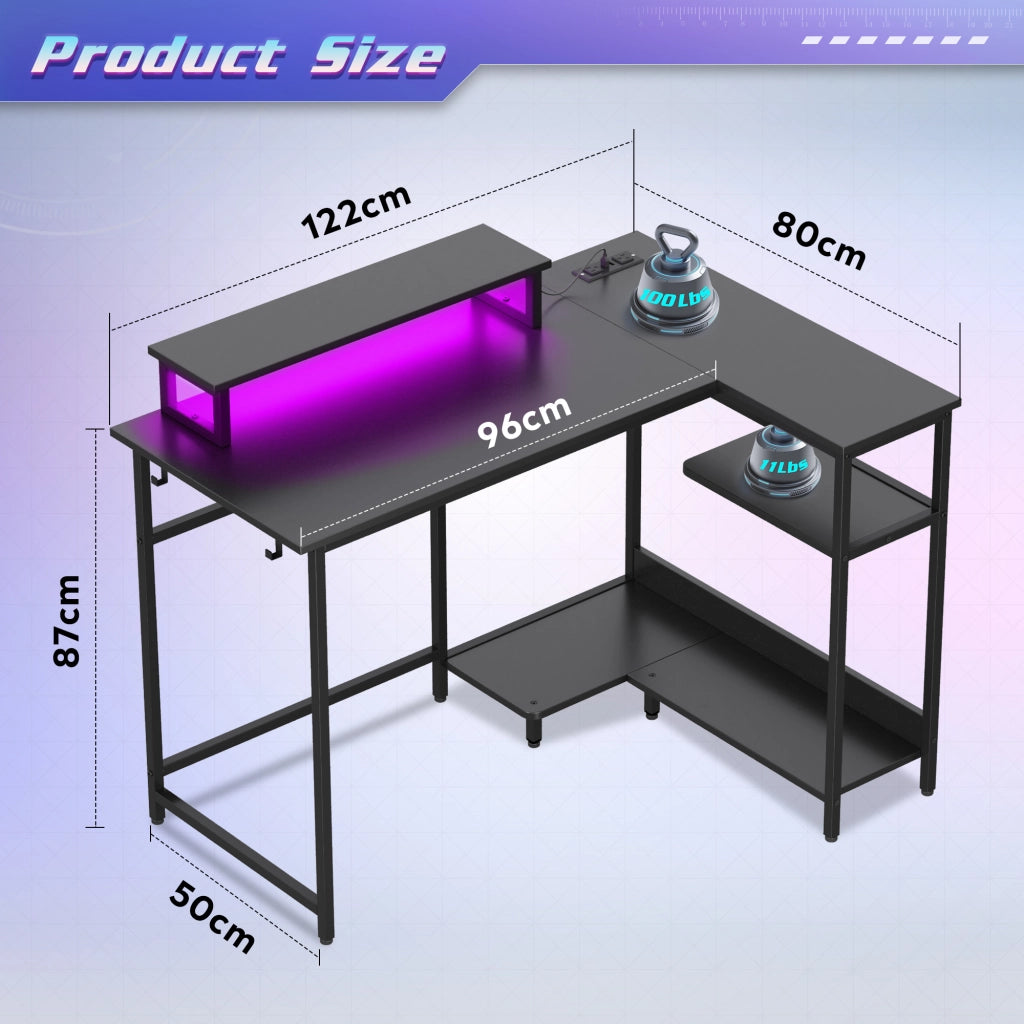 Scrivania Gaming Angolare L 110x80cm ¨C Xylo ¨C Nero con LED RGB, Prese, Supporto Monitor
