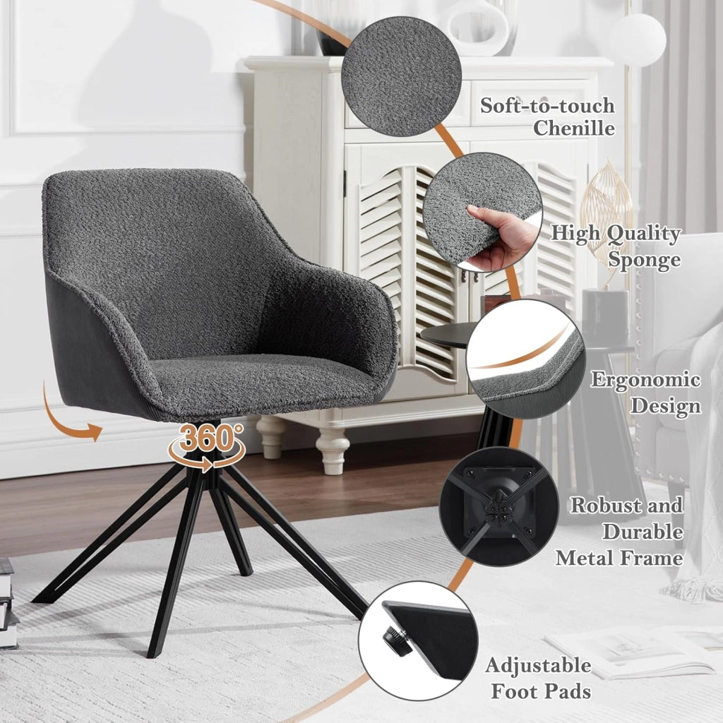 Sedia Sala da Pranzo, Sedie Cucina, Sedia Ufficio, Sedia da Pranzo Girevole Ergonomiche Moderne, Seduta in Tessuto Bouclé e Velluto a Coste, Grigio Scuro, EZS11dgr-1