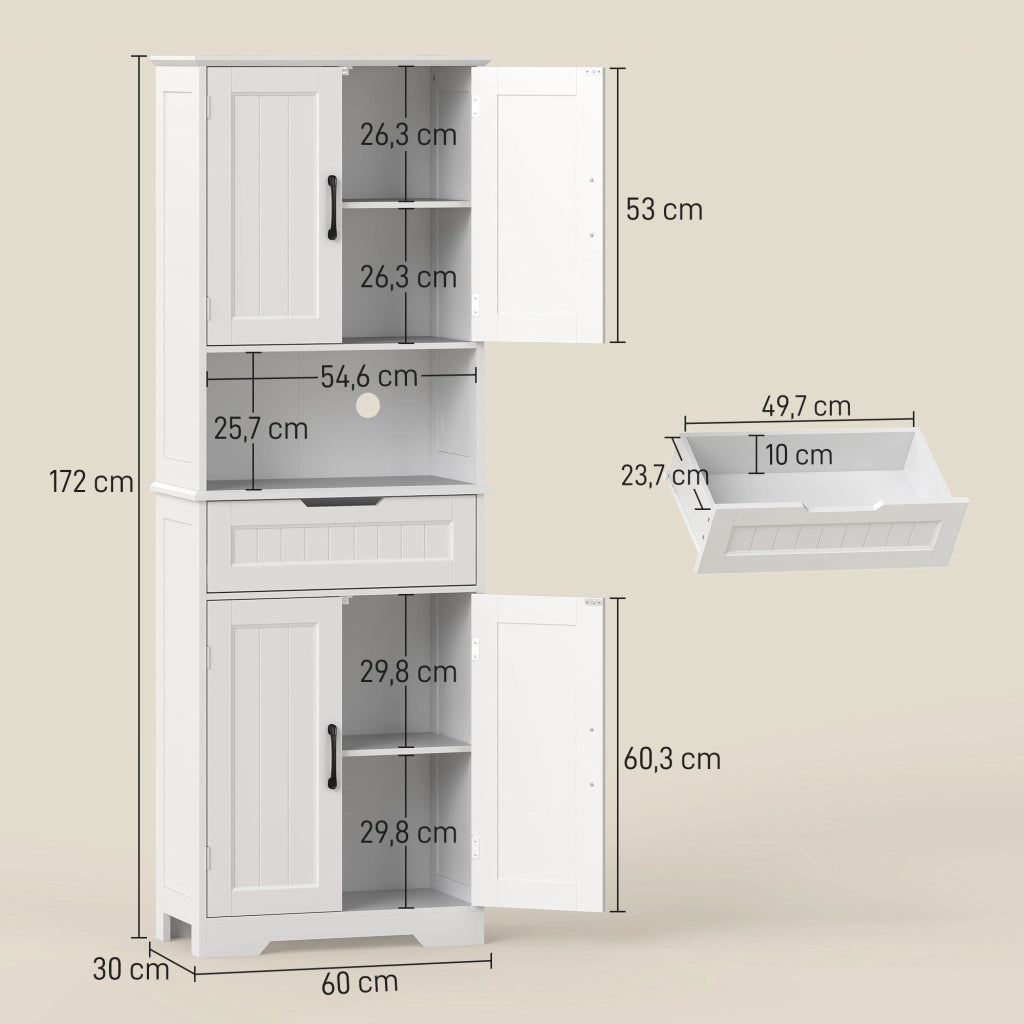 Armadio Cucina con 4 Porte, Cassetto e Ripiani ¨C zephmum ¨C 60x30x172 Bianco