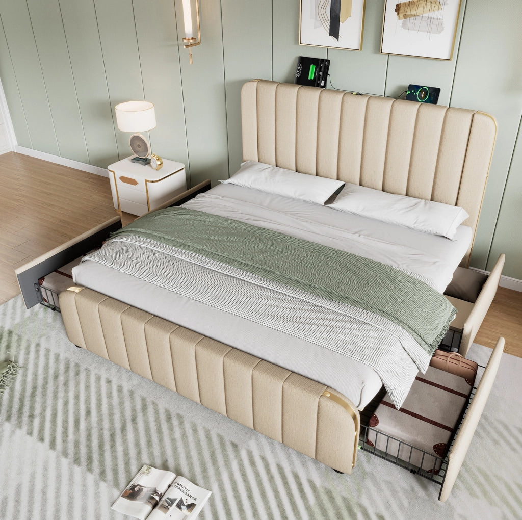 Letto matrimoniale imbottito 140x190 cm con 4 cassetti e porte USB/Type-C
