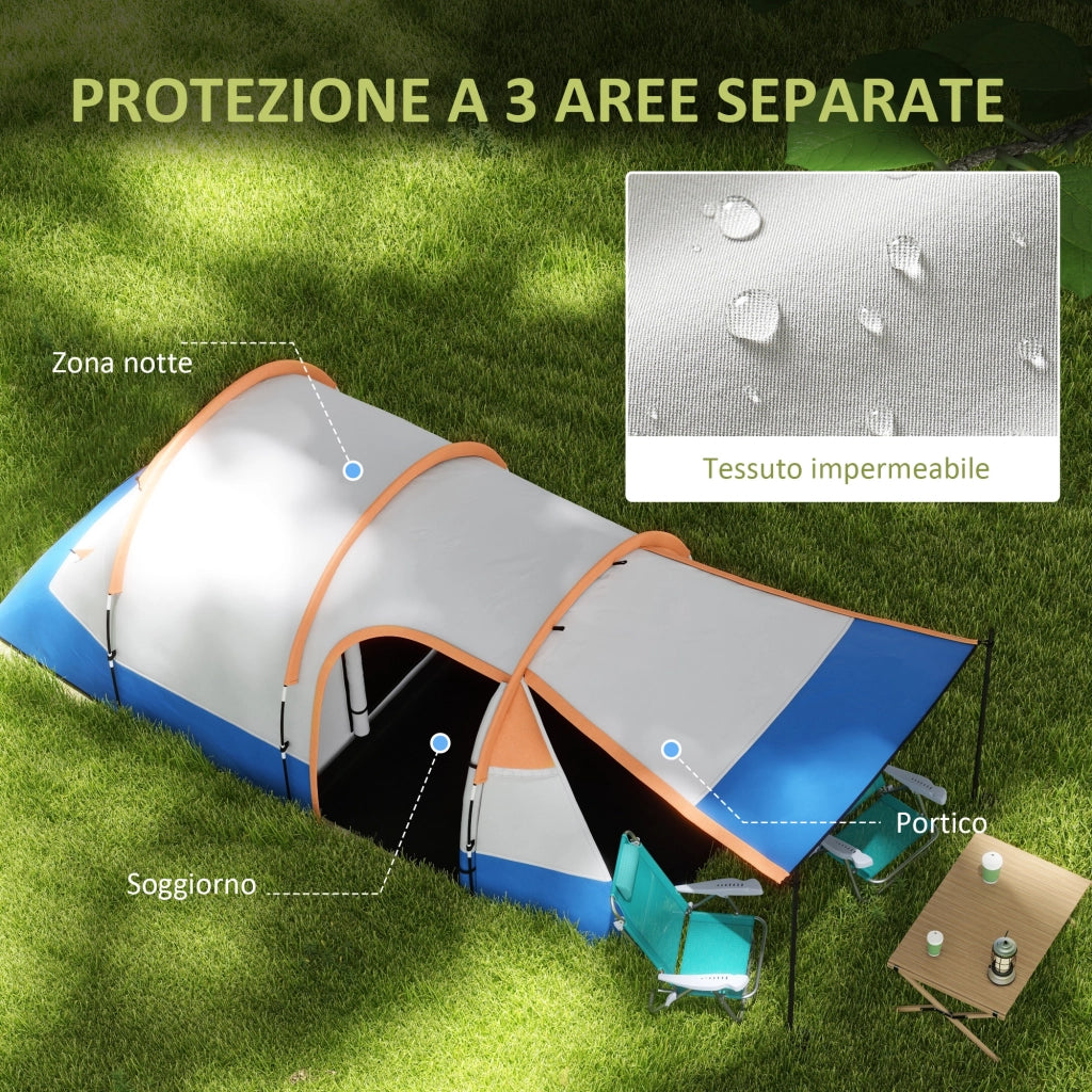 Tenda da Campeggio Impermeabile-Tenda per Escursionismo  con 2 Aree e 3 Ingressi, Poliestere e Fibra di Vetro, 420x200x150 cm, Arancione