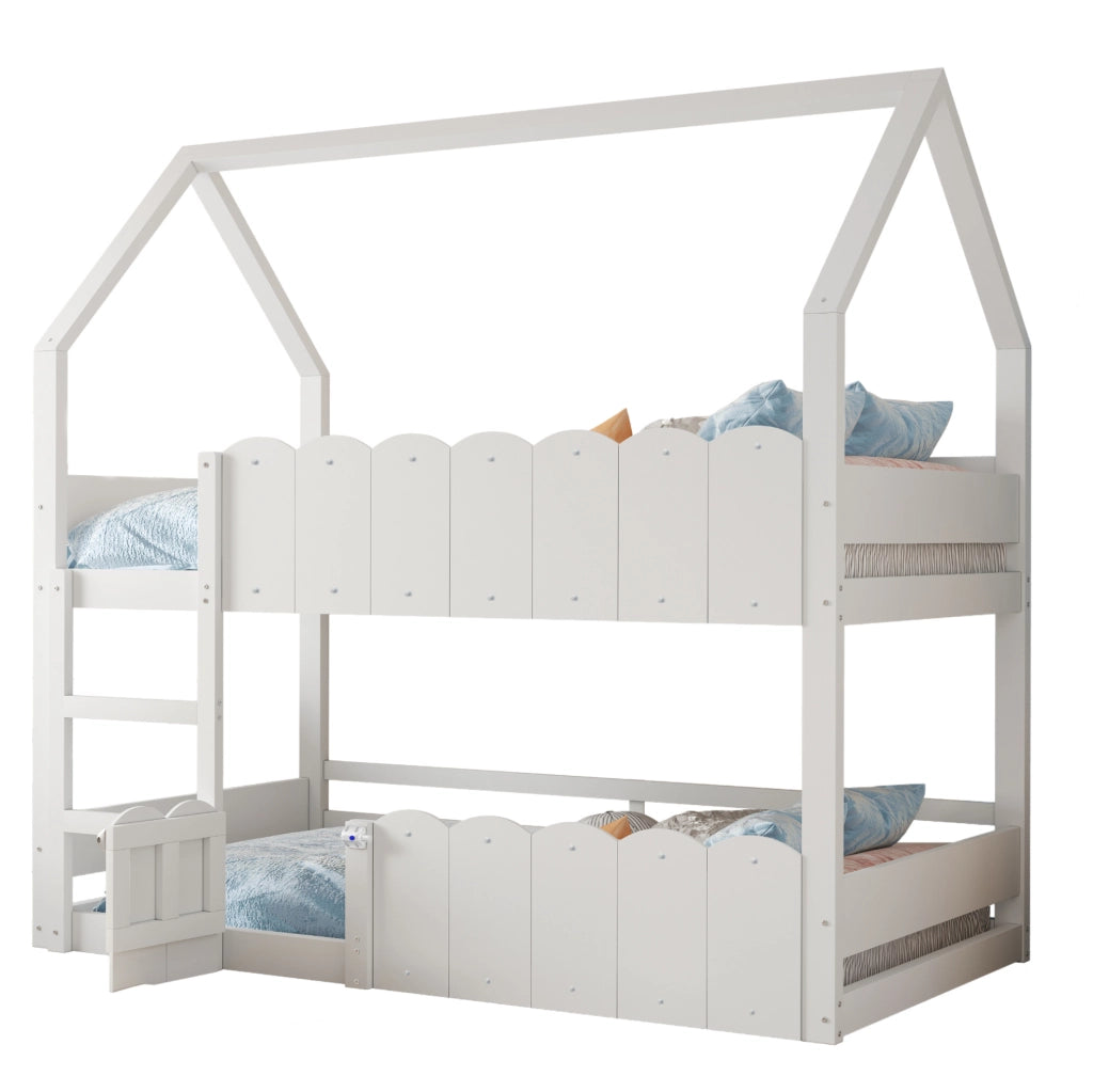 Letto a castello per bambini a forma di casa 90x200 cm in legno; bianco