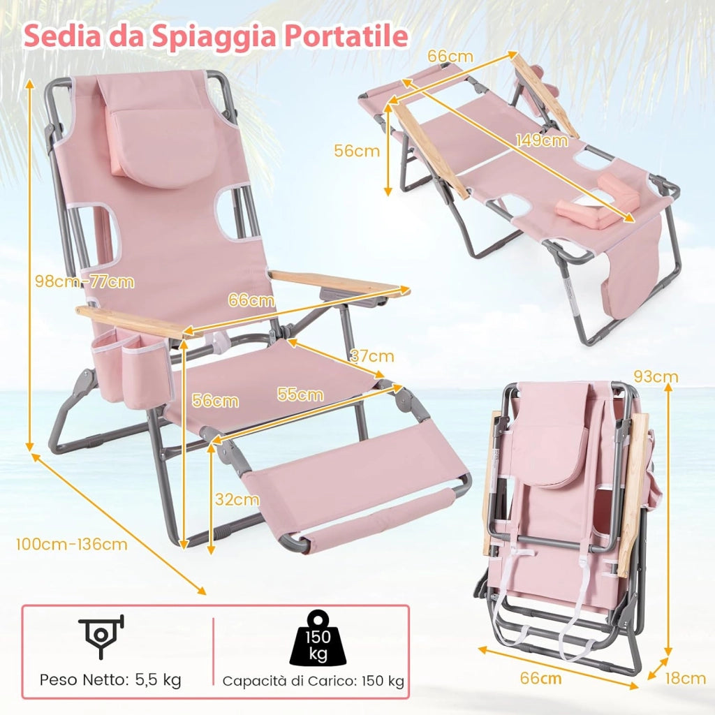 Sedia da Spiaggia Pieghevole, con Foro per il Viso, Schienale Regolabile a 4 Livelli, Poggiapiedi Regolabile, Lettino Prendisole per Spiaggia, Campeggio, Piscina, Portata 150 kg (Rosa)
