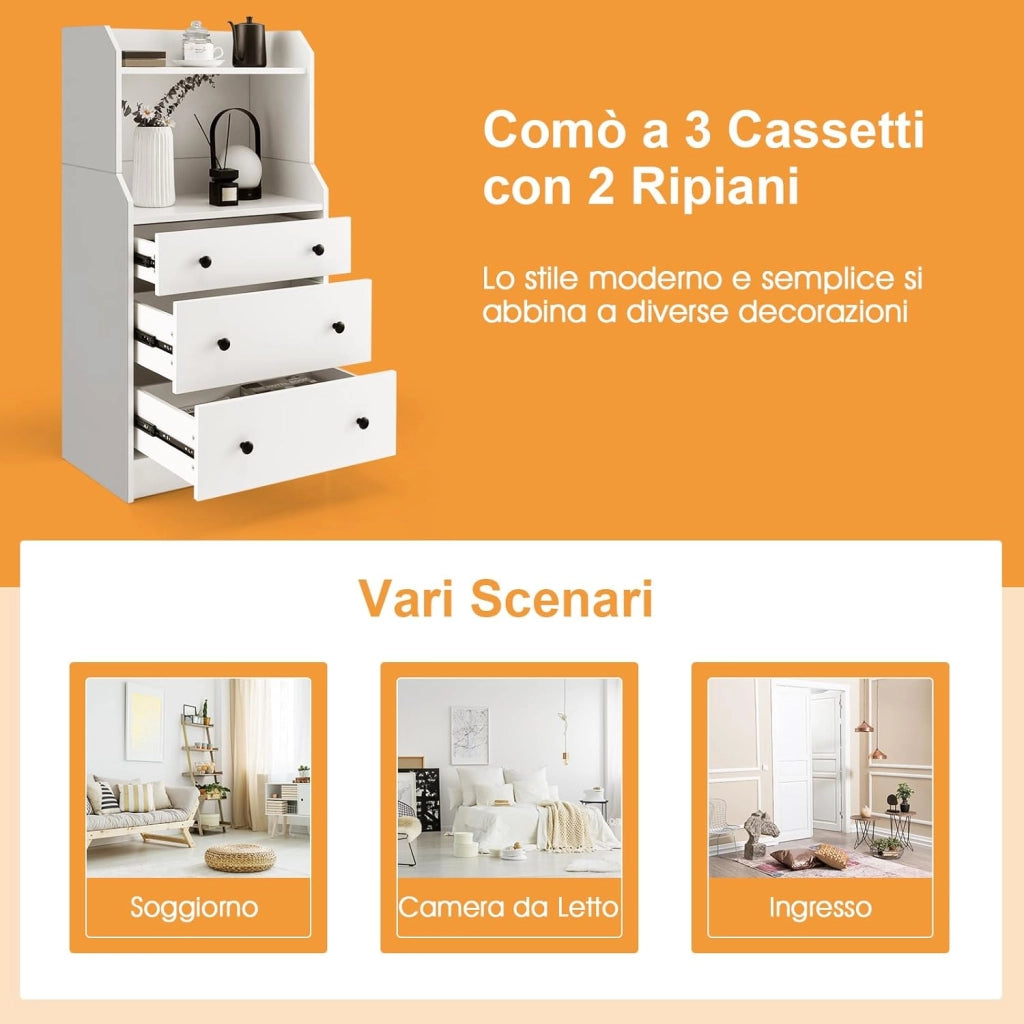 Comò a 3 Cassetti con Mensole, Organizzatore di Stoccaggio Multiuso, Cassettiera Moderna con Dispositivo Anti-Ribaltamento per Soggiorno Camera da Letto Ingresso, 58 x 36 x 111 cm