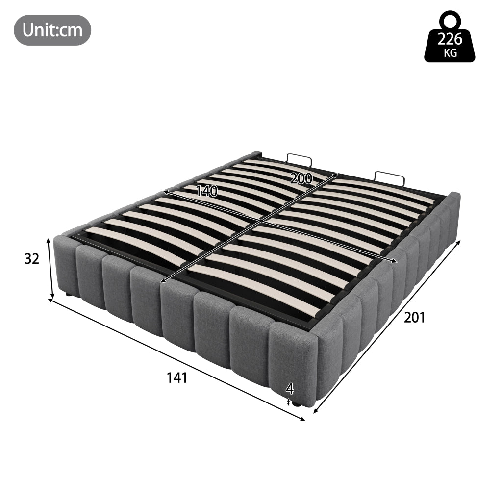 Letti contenitori 140x200 cm con contenitore idraulico; senza testiera in lino e MDF; grigio (Senza materasso)