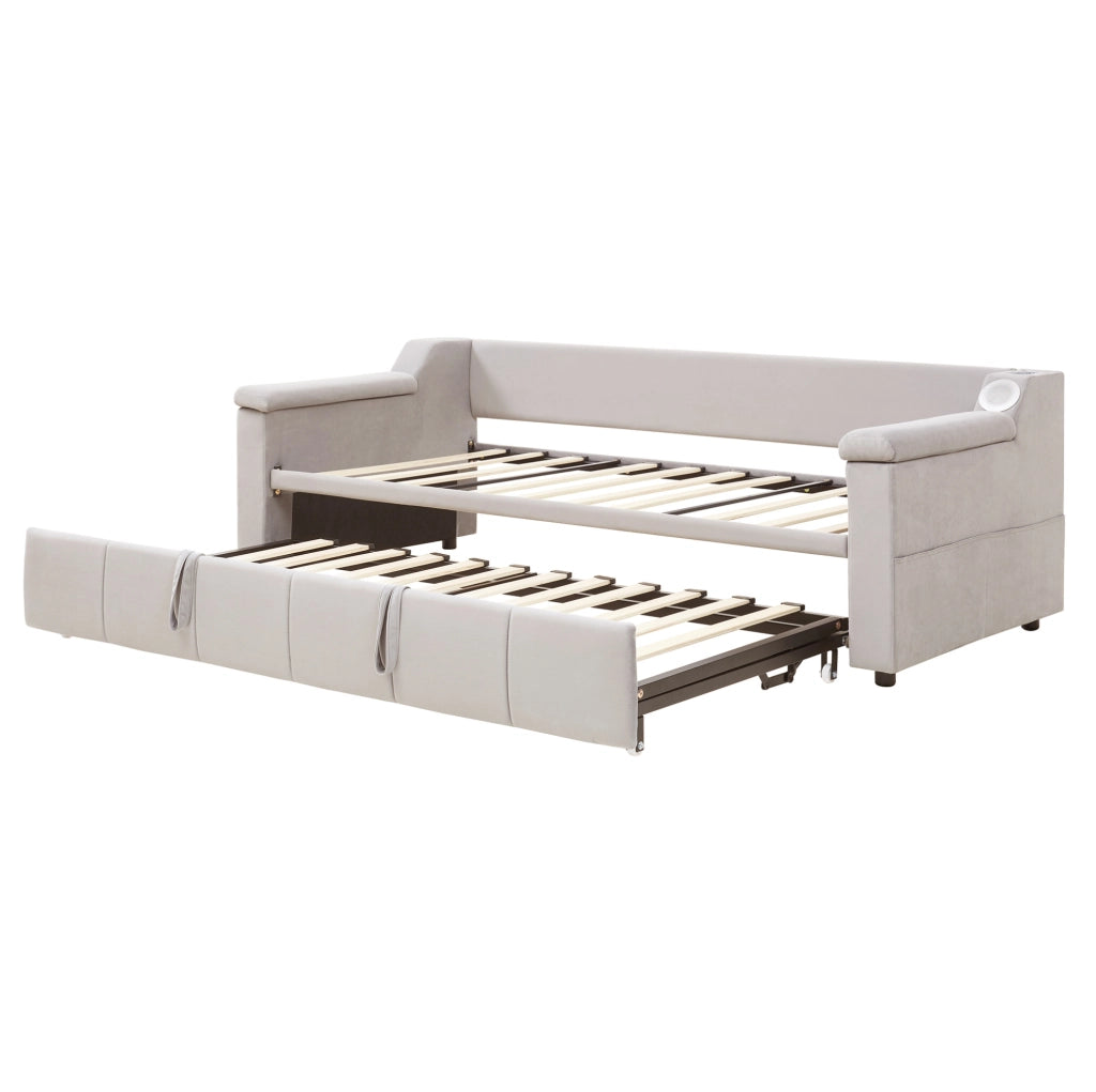 Divano letto imbottito ULEVR 90/180x190 cm con estrazione idraulica, stereo Bluetooth, USB e vani beige