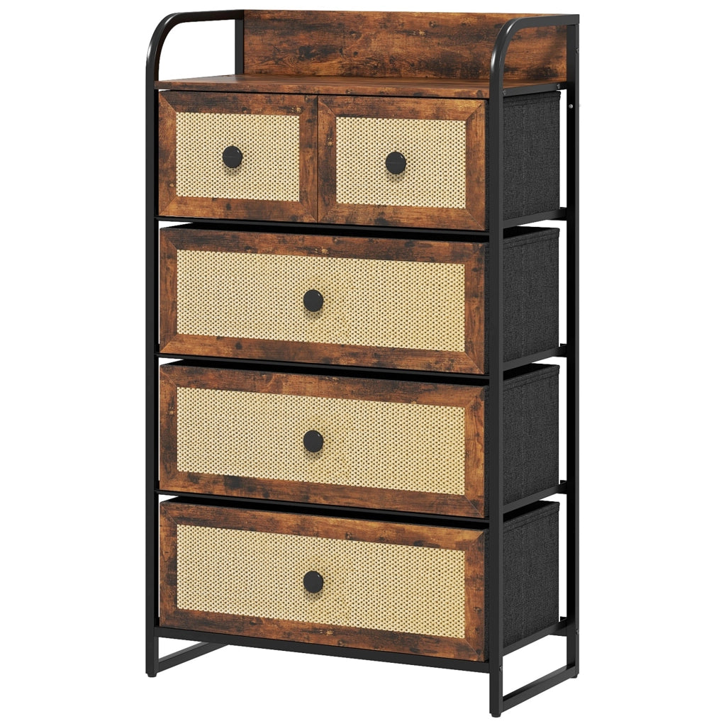 Comodino con 5 cassetti ¨C zephmum ¨C marrone, effetto rattan, acciaio, 58x29x99 cm