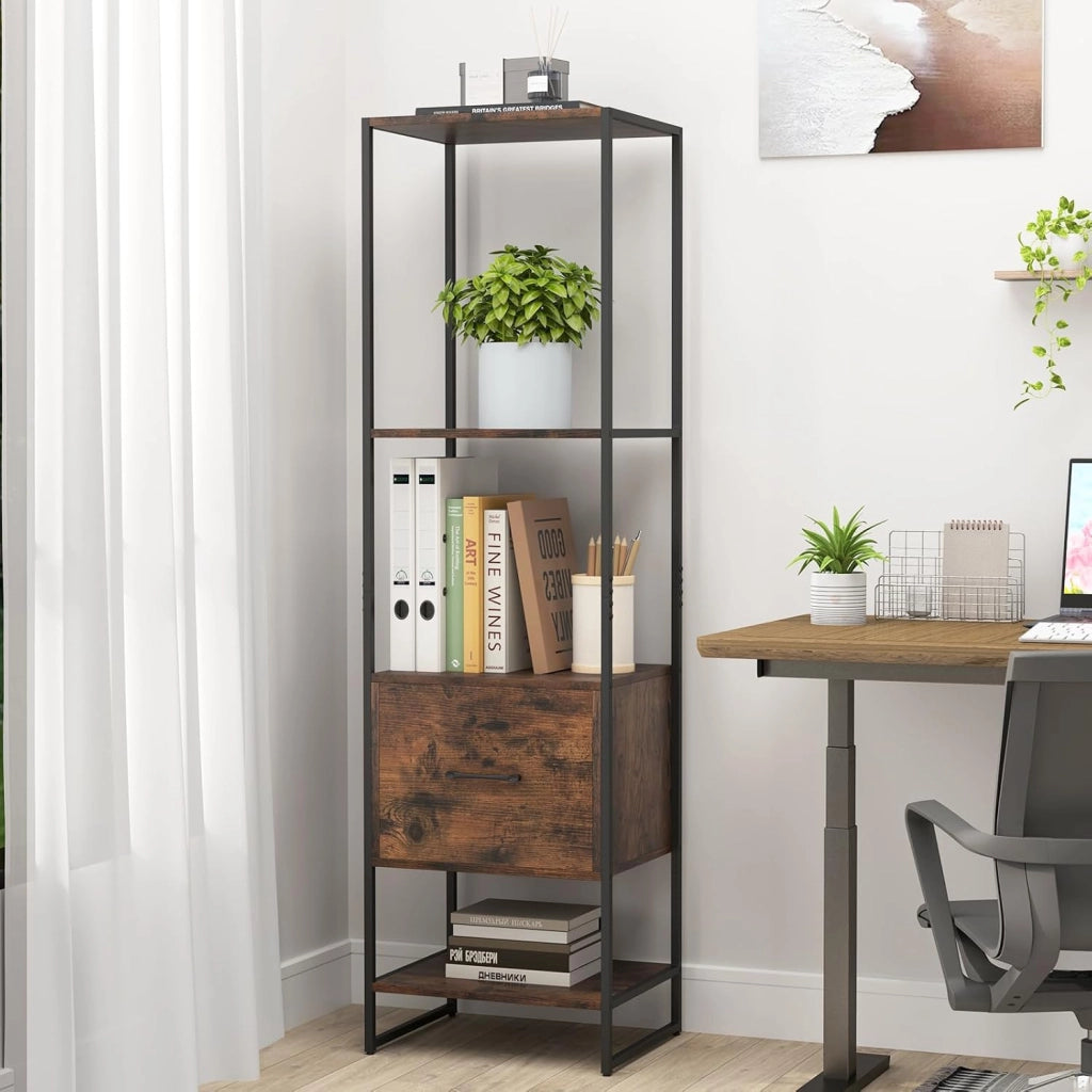 Libreria a 5 Ripiani con Cassetto, Scaffale di Stoccaggio con Struttura in Metallo e Kit Antiribaltamento, Unità Espositiva Autoportante per Camera da Letto Soggiorno, 45x35x160 cm (Marrone)