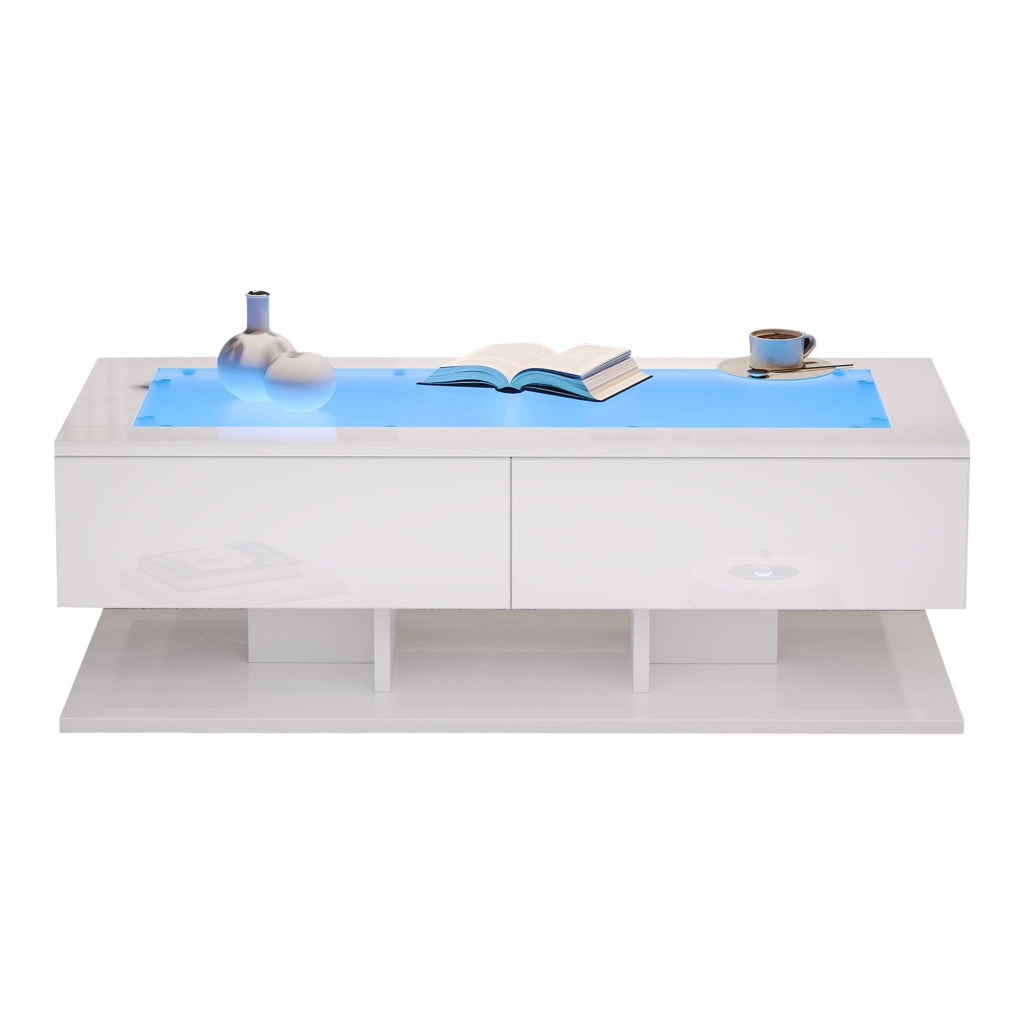 Tavolino basso con 2 cassetti e LED, piano in vetro temperato, per soggiorno, in truciolare, bianco 100 × 50 × 35 cm