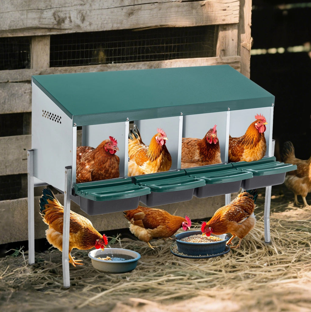 Nido per galline a 4 scomparti con gambe e copertura verde