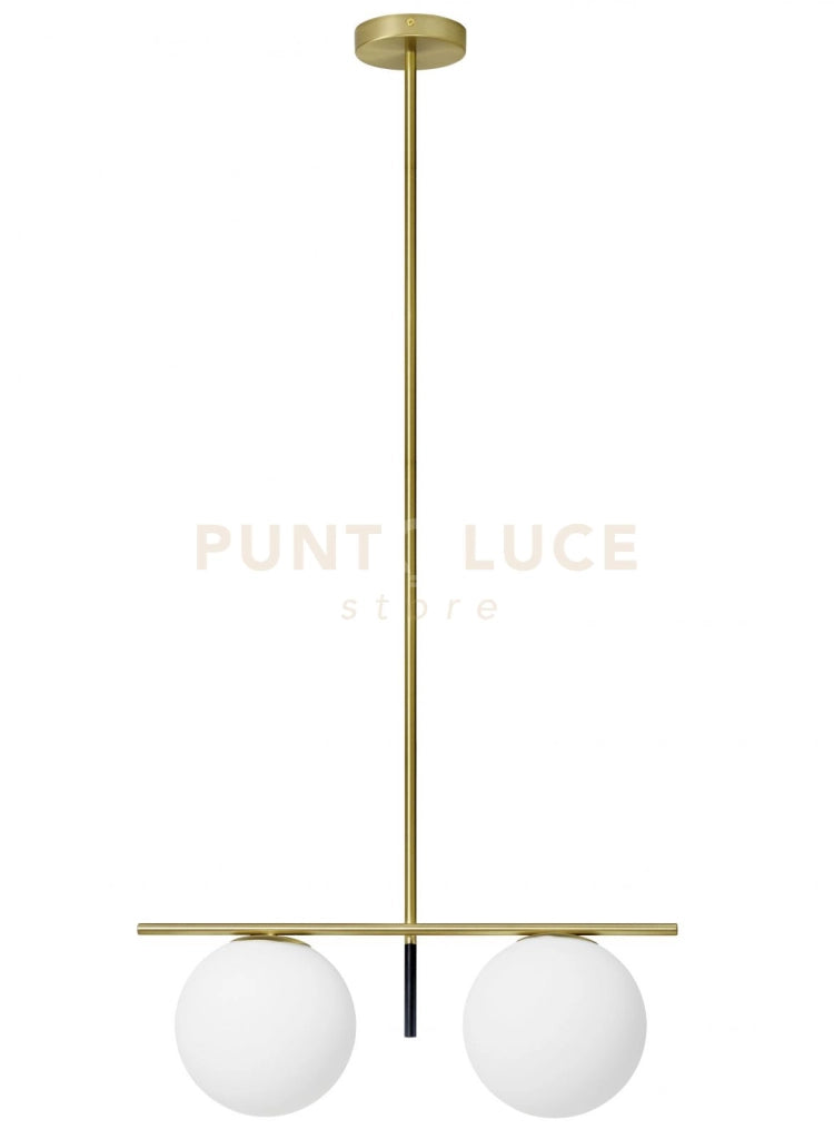JUGEN SOSPENSIONE A 2 LUCI ORO SPAZZOLATO E VETRO BIANCO ATTACCO E27 L.60CM