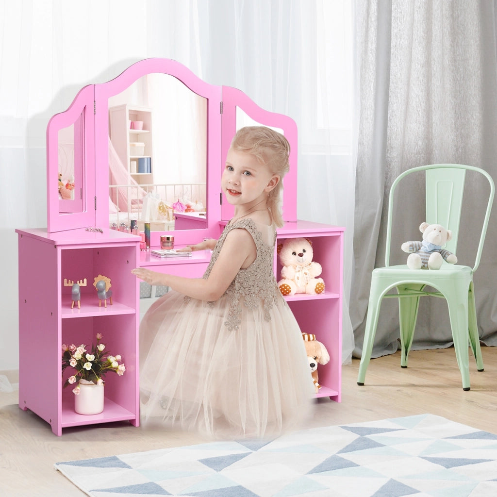 Toeletta design smontabile 2 in 1 per bambini-Toeletta make-up principessa con 4 mensole grandi e specchio Rosa