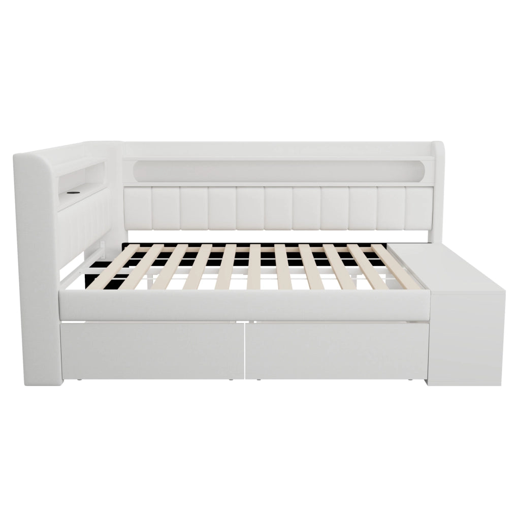 Letto imbottito 90x200 cm con LED; USB; due cassetti e scarpiera; bianco