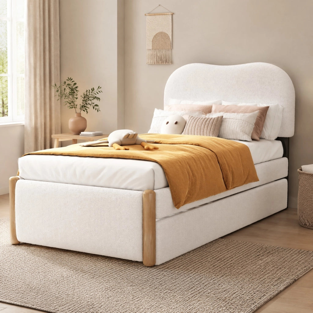 Letto imbottito 90x200 cm con letto estraibile, bianco, struttura in Plush e MDF