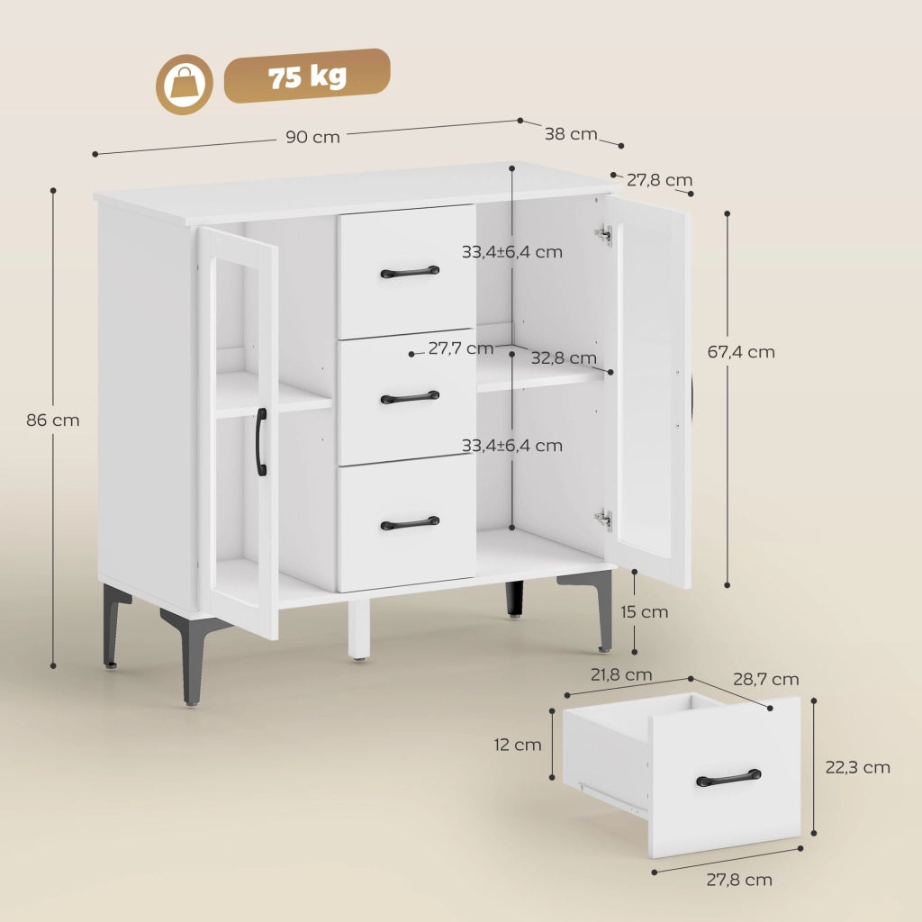 Cassettiera Moderna con Ante Vetro e 3 Cassetti ¨C Zephmum ¨C Bianco in MDF 80x40x100