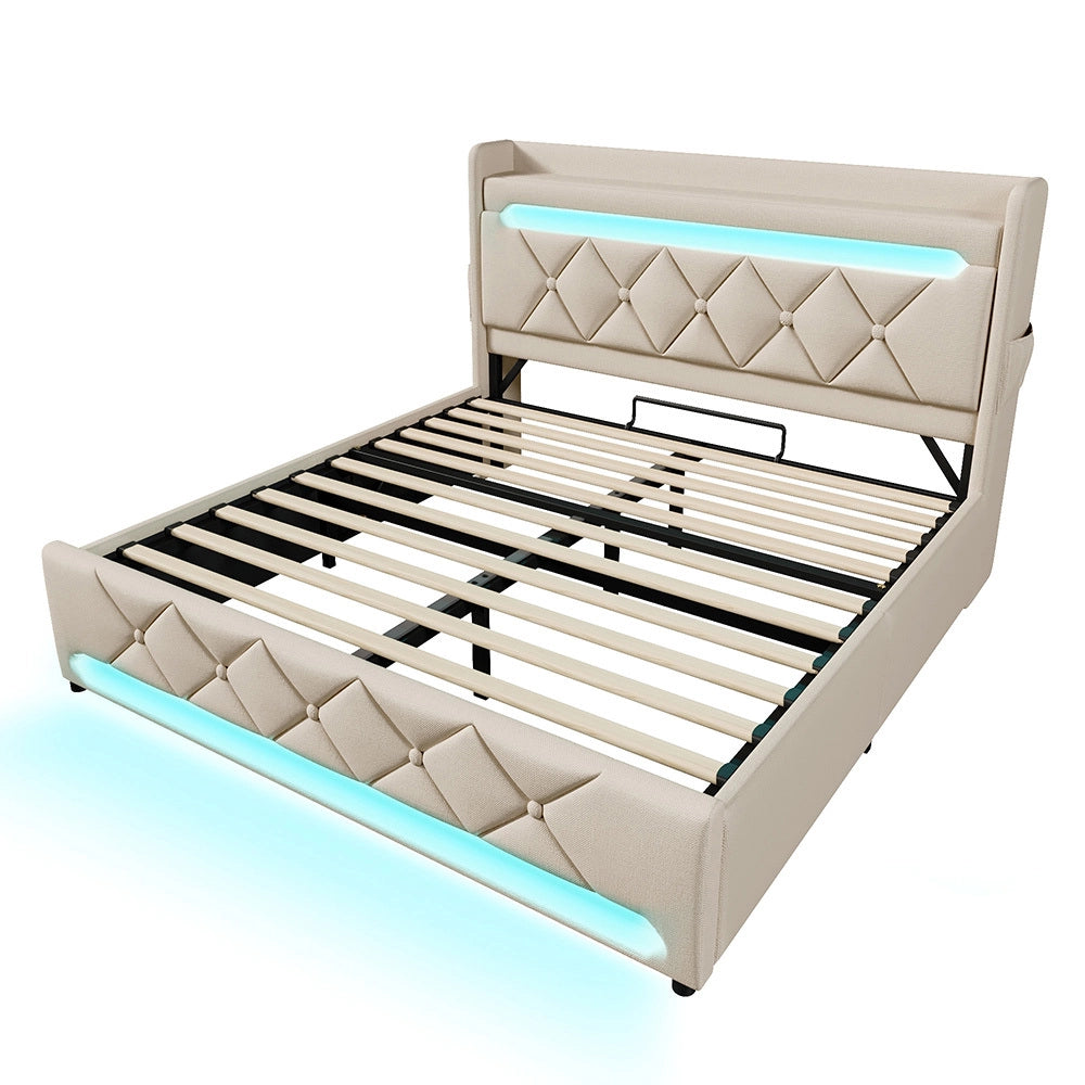 Letto matrimoniale-Xylo-140x200 cm-LED 360°, USB-C, idraulico, con materasso, beige