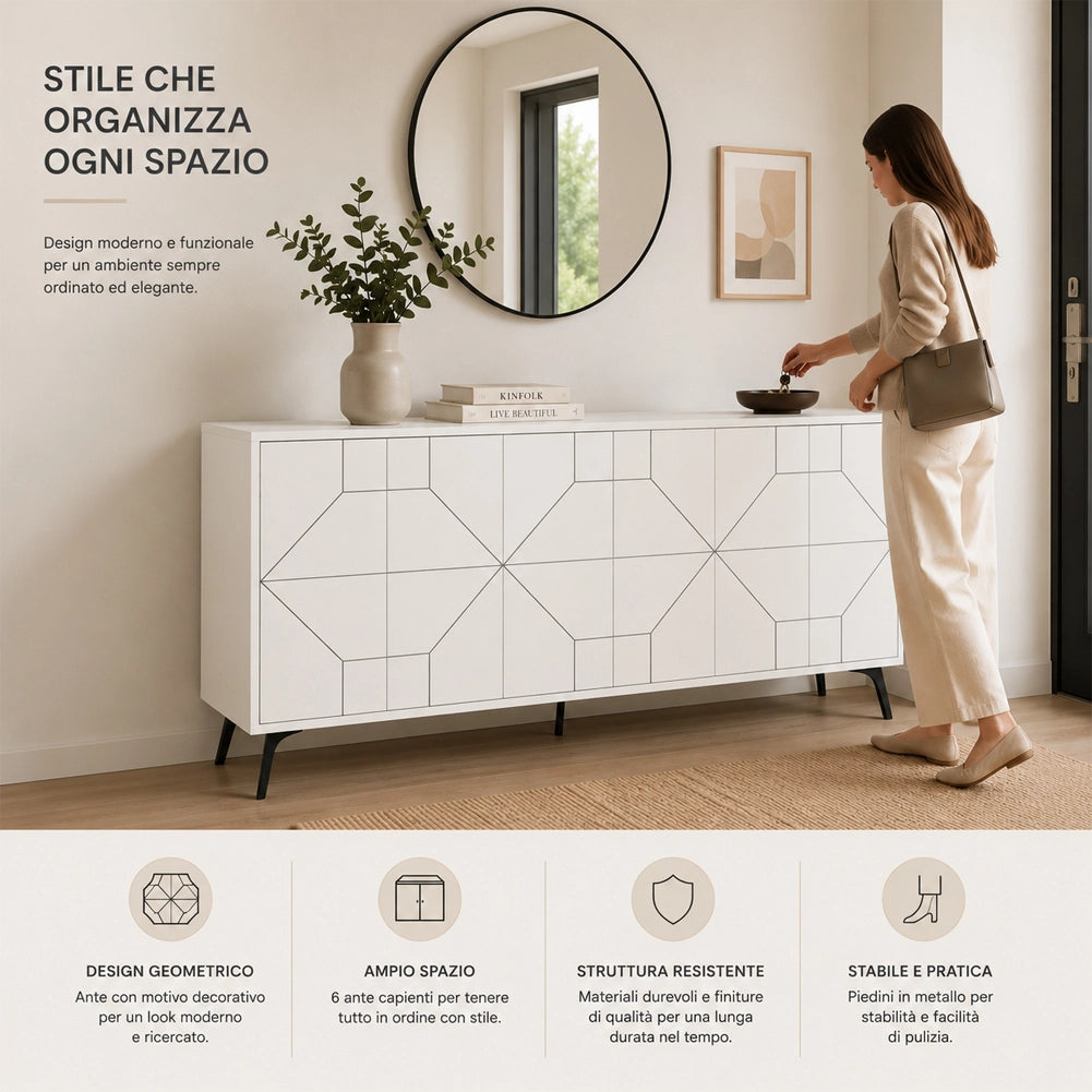 Madia con 6 Ante Credenza Design Geometrico Moderno in Legno 184x77 cm Bianco
