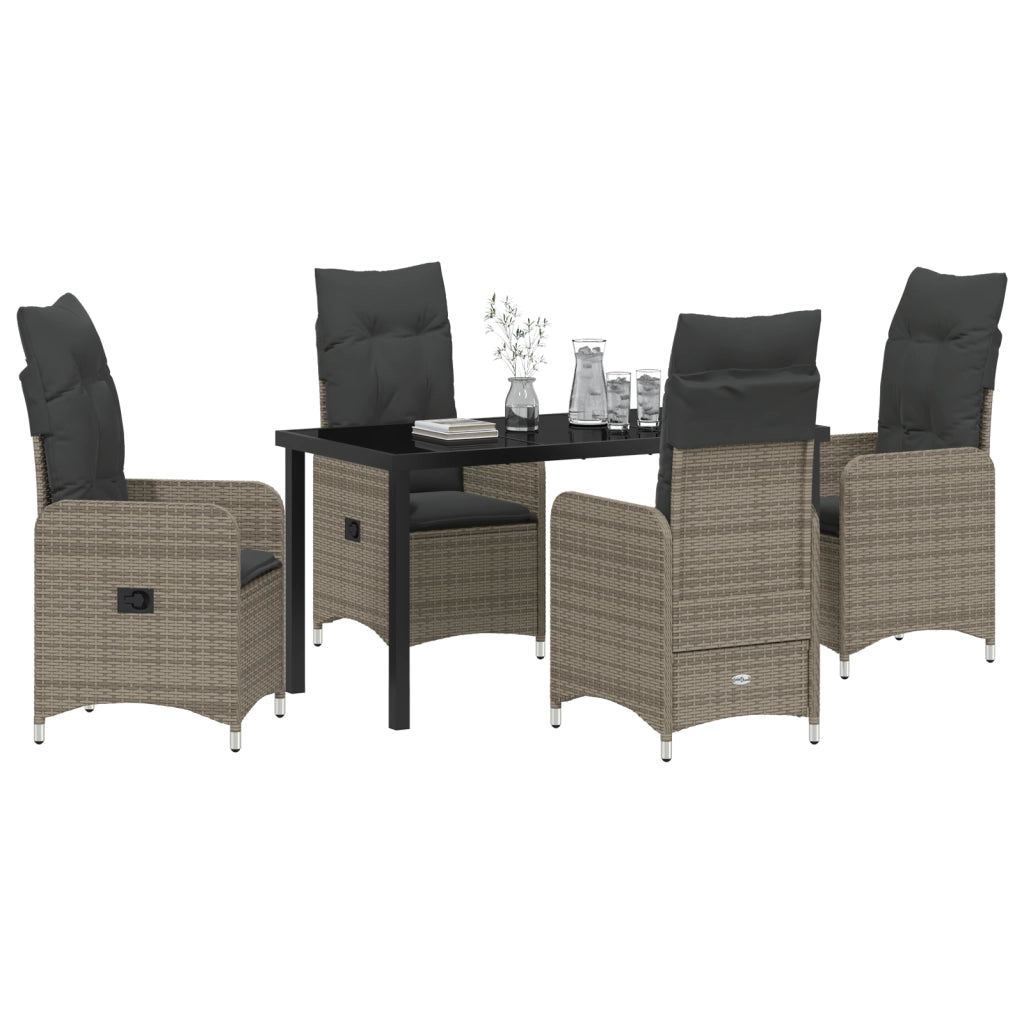 Set da Pranzo da Giardino 5 Pezzi con Cuscini Grigio Rattan Poliestere