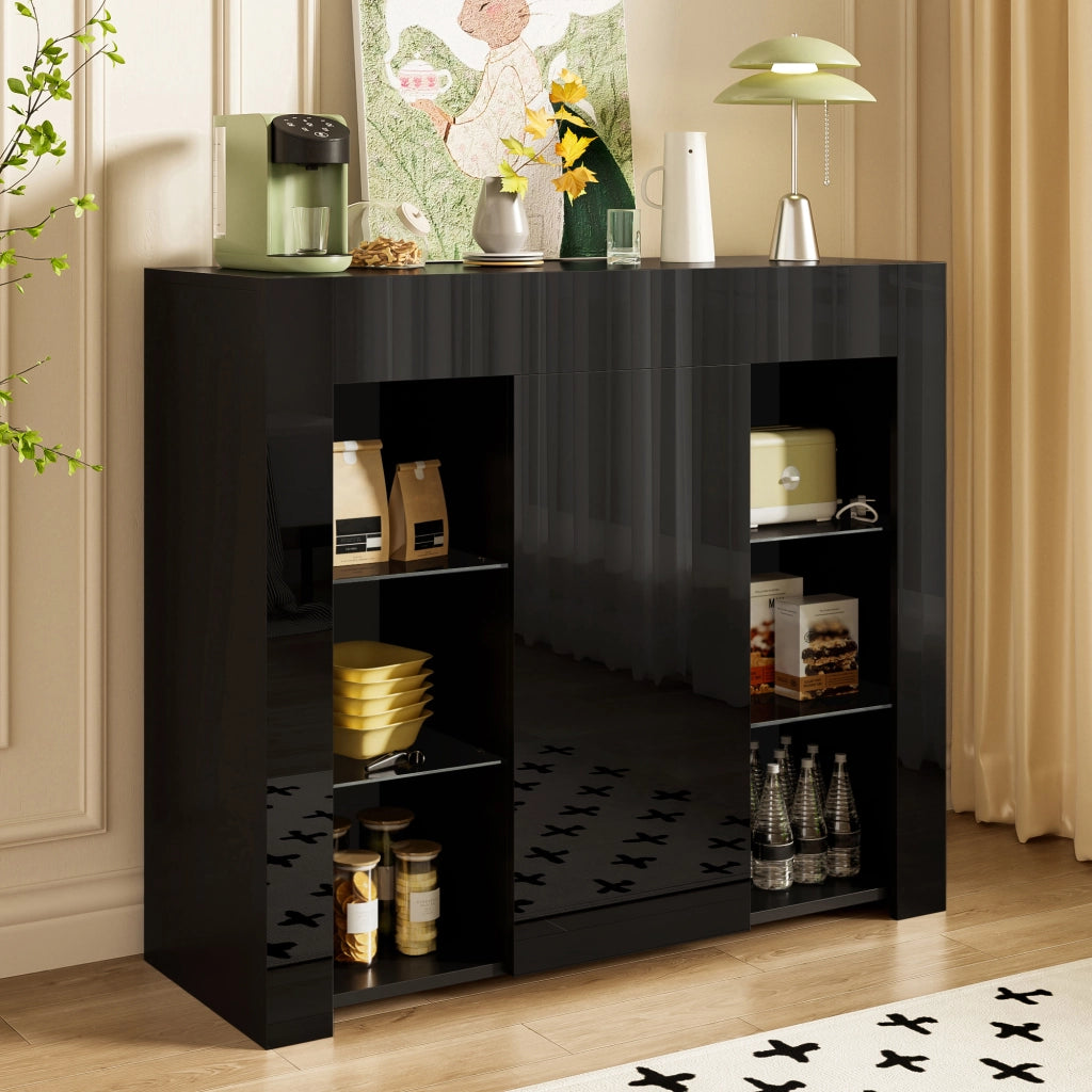 Credenza con 1 Anta e Ripiani in Vetro; Frontale Lucido; Stile Moderno; in Pannello Truciolare; 95??35??83 cm; Nero