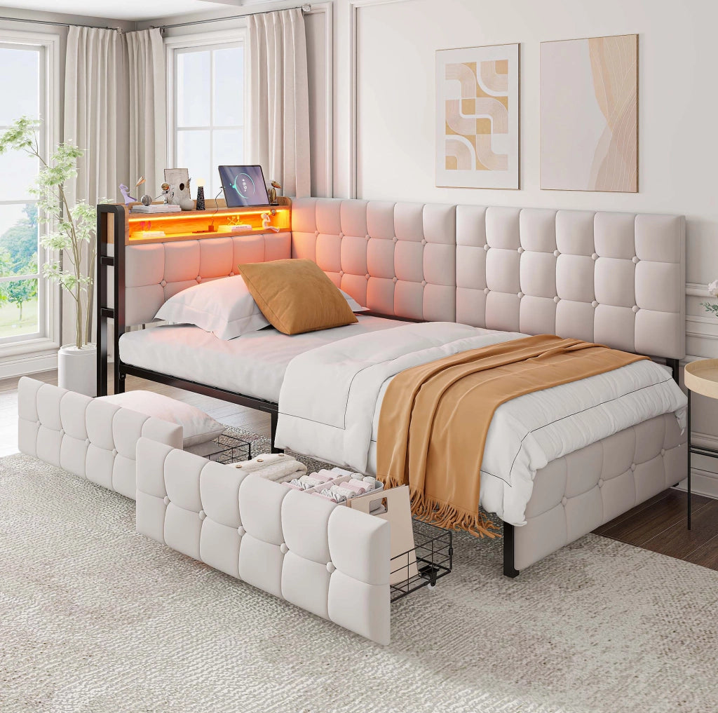 Divano letto singolo 90x200 cm con 2 cassetti; LED; USB e USB-C; beige