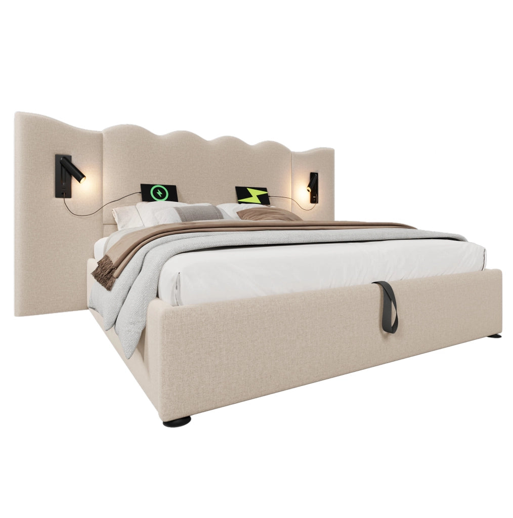 Letto matrimoniale imbottito 180x200 cm in lino beige con lampada da lettura e USB-C