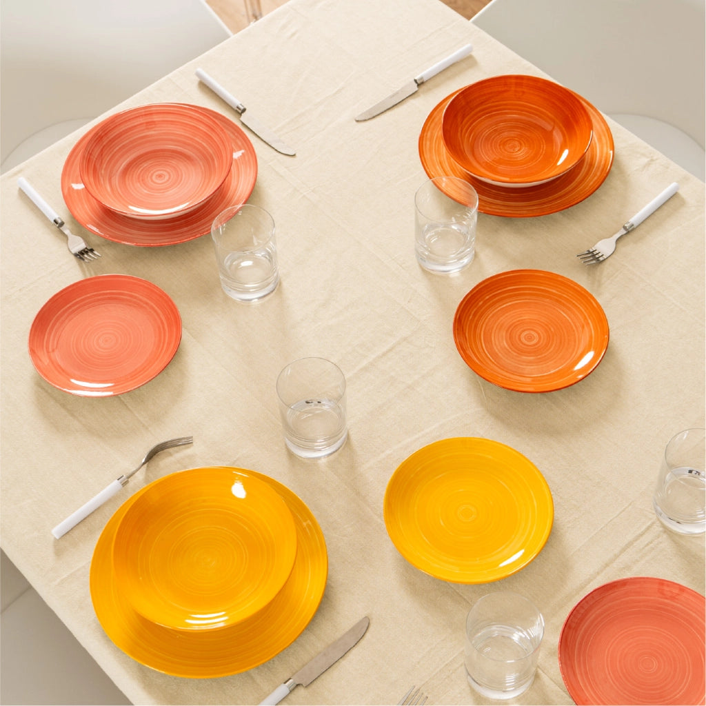 Set 18 Piatti in Porcellana Colorati Servizio Tavola Moderno 6 Persone Piatti Piani Ø27 cm, Fondi Ø20 cm e Dessert Ø19 cm Lavastoviglie e Microonde Certificati per Contatto Alimentare Fuoco