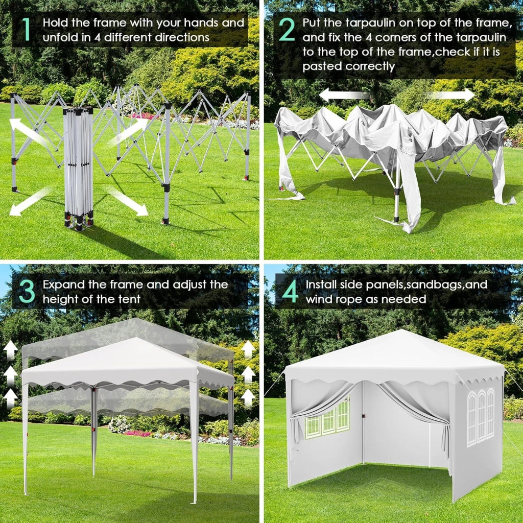 Gazebo 3x3, Gazebi Pieghevole con Oxford, Tenda Giardino Pieghevole, Impermeabile, per Feste, Tenda con 4 PCS Sacchi di Sabbia, Padiglione Giardino Protezione UV 50+, Per il Campeggio (Bianco)